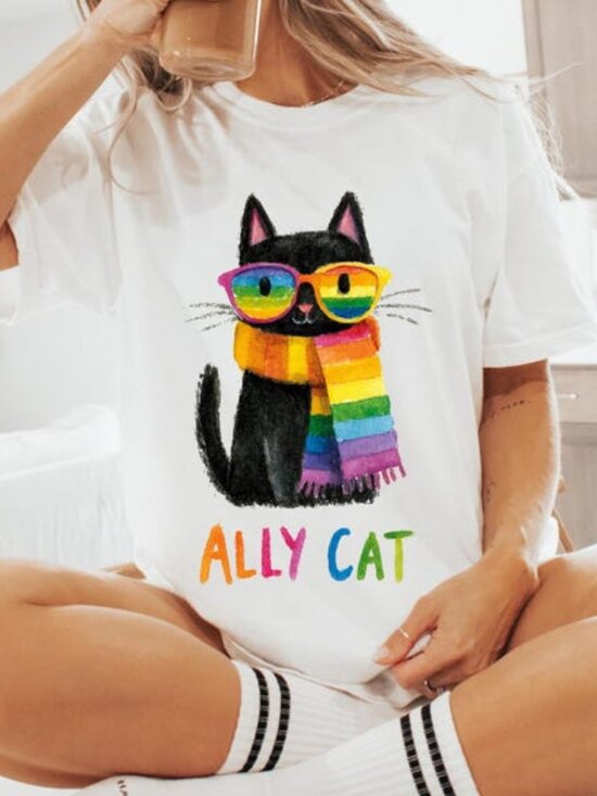 Tops - Rainbow Ally Cat T-Shirt, LGBTQ Pride, Cat Lover Gift